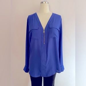 Express zip down, Portofino-esque blouse, gold zipper, colbalt blue m, size M